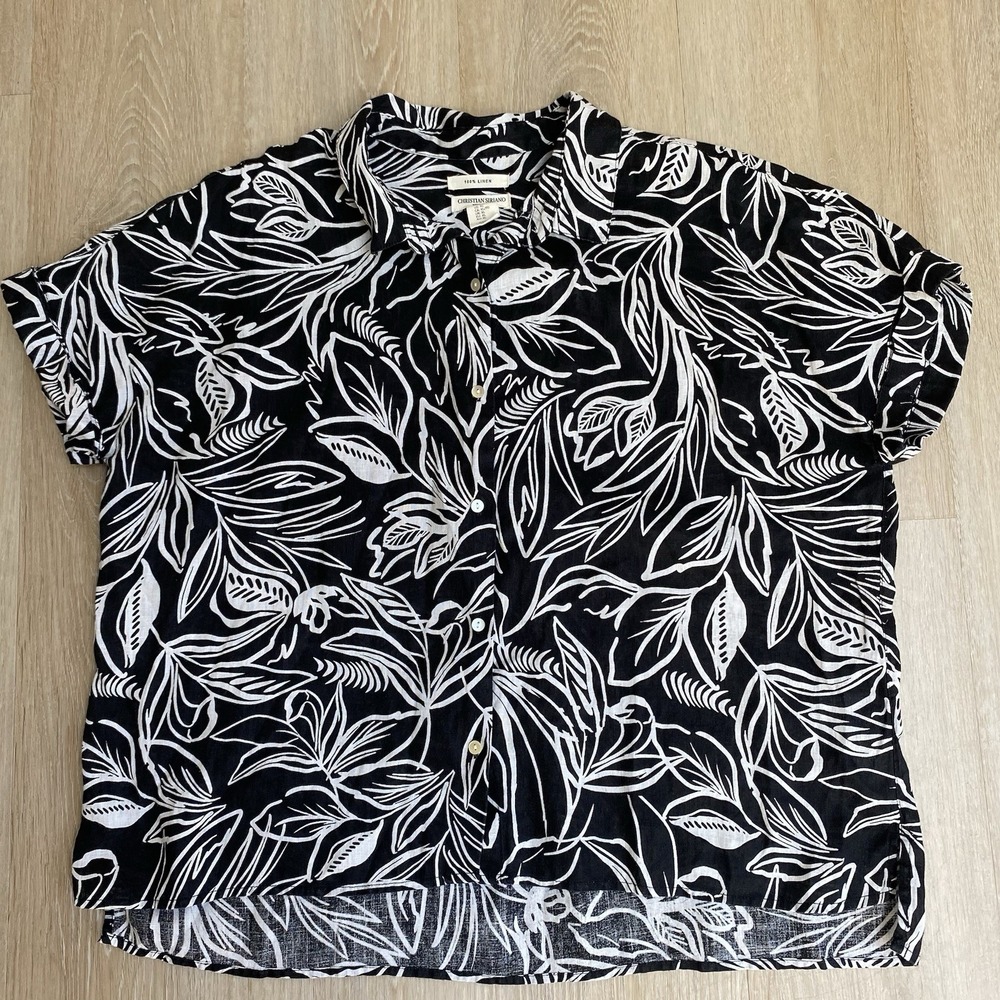 Christian Siriano 100% Linen Blouse XL Black White Tropical Leaf Button Up Shirt